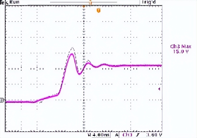 示波器图形将电阻为0&Omega;和33&Omega;串联电阻时的波形对比